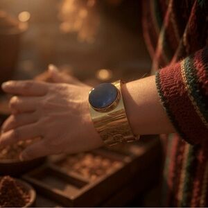 Ann Taylor gold plated hinge cuff bangle w/ lapis stone, signed 💙